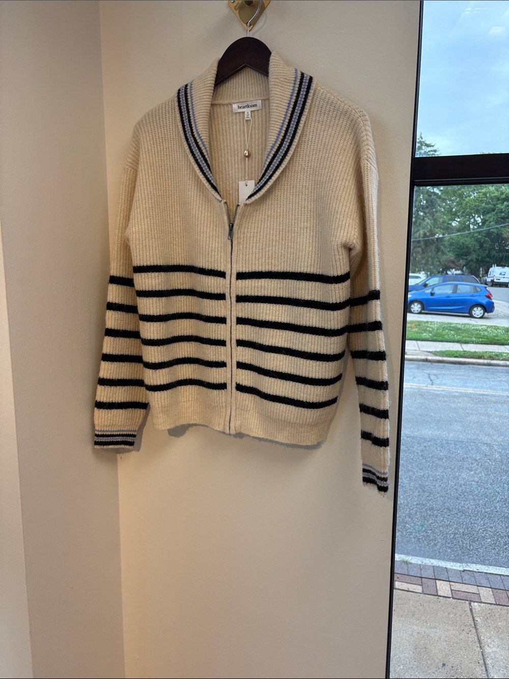 Heartloom Cream Zip-Front Cardigan with Black Stripes